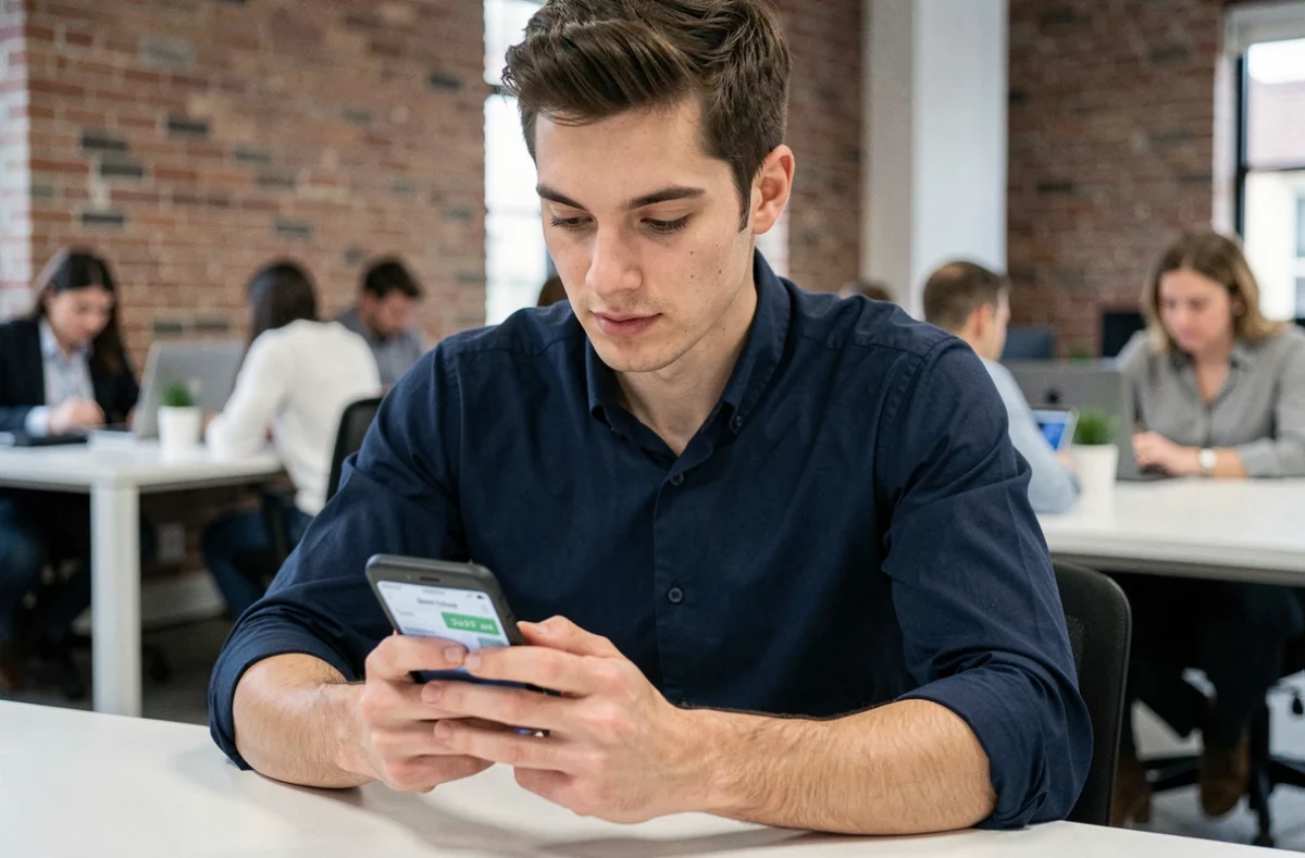 Jeune homme recherchant une mutuelle pas chère sur smartphone dans un espace de coworking