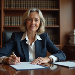 Savoir s’adresser à un notaire : le choix de la formule de politesse Femme notaire en tenue professionnelle dans son bureau