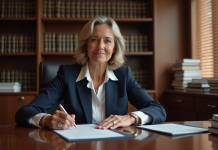 Femme notaire en tenue professionnelle dans son bureau