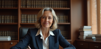 Femme notaire en tenue professionnelle dans son bureau