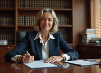 Femme notaire en tenue professionnelle dans son bureau