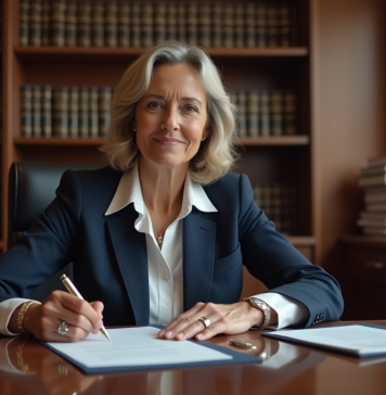 Femme notaire en tenue professionnelle dans son bureau