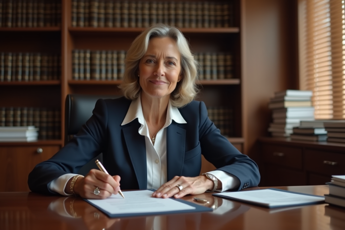 Femme notaire en tenue professionnelle dans son bureau