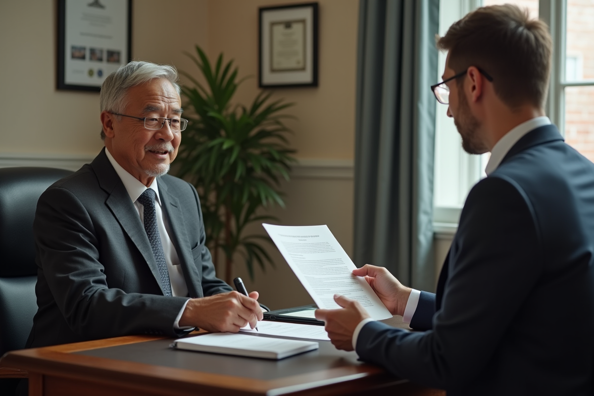 Notaire homme examine une lettre avec un client