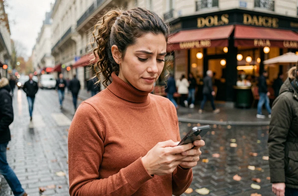 Jeune femme consultant une notification de virement instantané sur son téléphone dans une rue de ville française