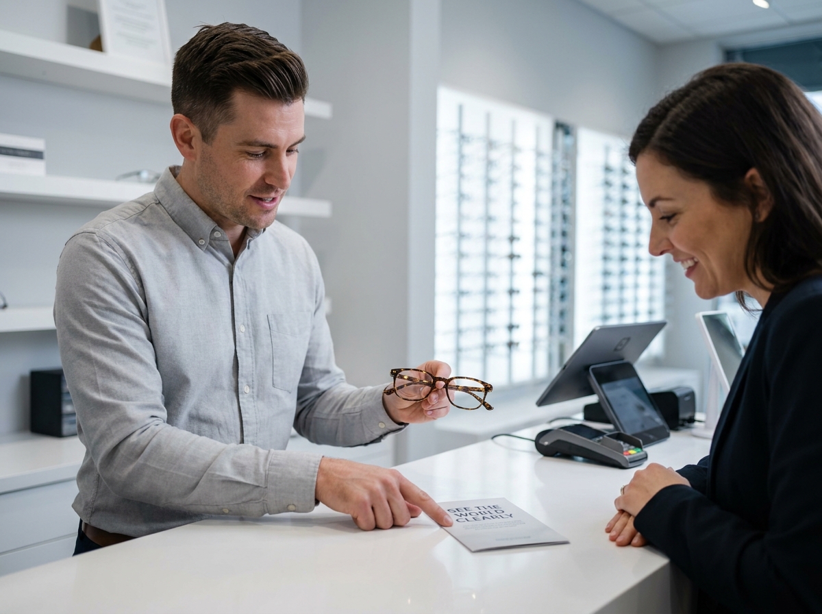 Opticien expliquant le remboursement des lunettes par la mutuelle à une cliente en magasin d'optique