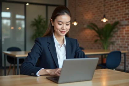 Jeune femme entrepreneur ouvrant un compte bancaire professionnel sur son ordinateur portable dans un espace de coworking moderne