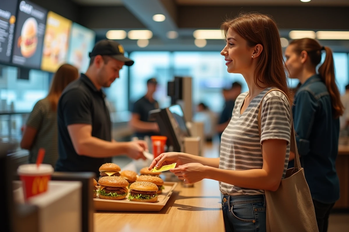 Femme payant son repas McDonald's avec un Chèque Vacances à la caisse