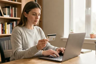 Femme utilisant une carte bancaire virtuelle CMB pour payer en ligne depuis son bureau à domicile