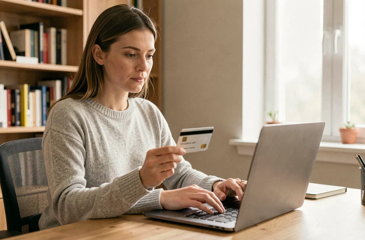 Femme utilisant une carte bancaire virtuelle CMB pour payer en ligne depuis son bureau à domicile