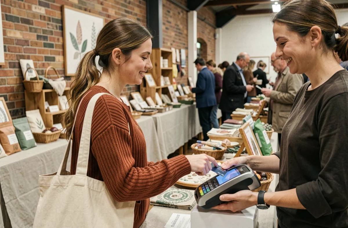 Une jeune femme payant sans contact dans un marché artisanal irlandais à Dublin, illustrant les modes de paiement locaux