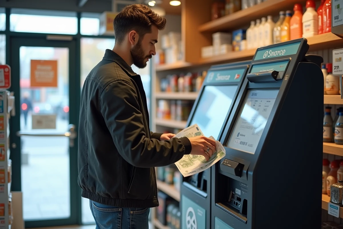 Jeune homme payant avec une machine dans un magasin lumineux