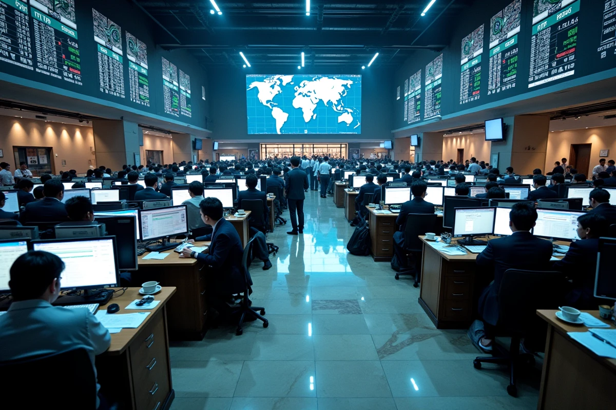Vue grand angle du parquet d'une bourse asiatique animée à l'ouverture des marchés avec traders et écrans d'indices forex à Singapour