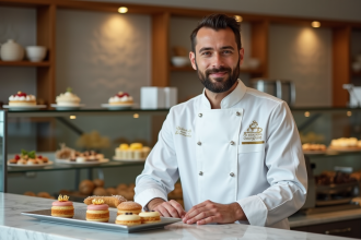 Chef pâtissier français devant ses créations élégantes