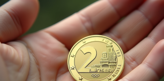Pièce de 2 euro Paris 2024 sur la main en lumière naturelle