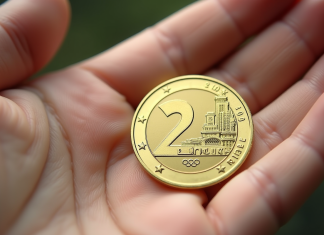 Pièce de 2 euro Paris 2024 sur la main en lumière naturelle