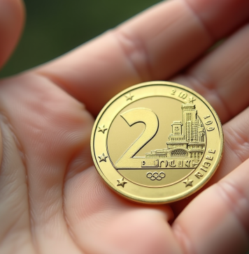Pièce de 2 euro Paris 2024 sur la main en lumière naturelle