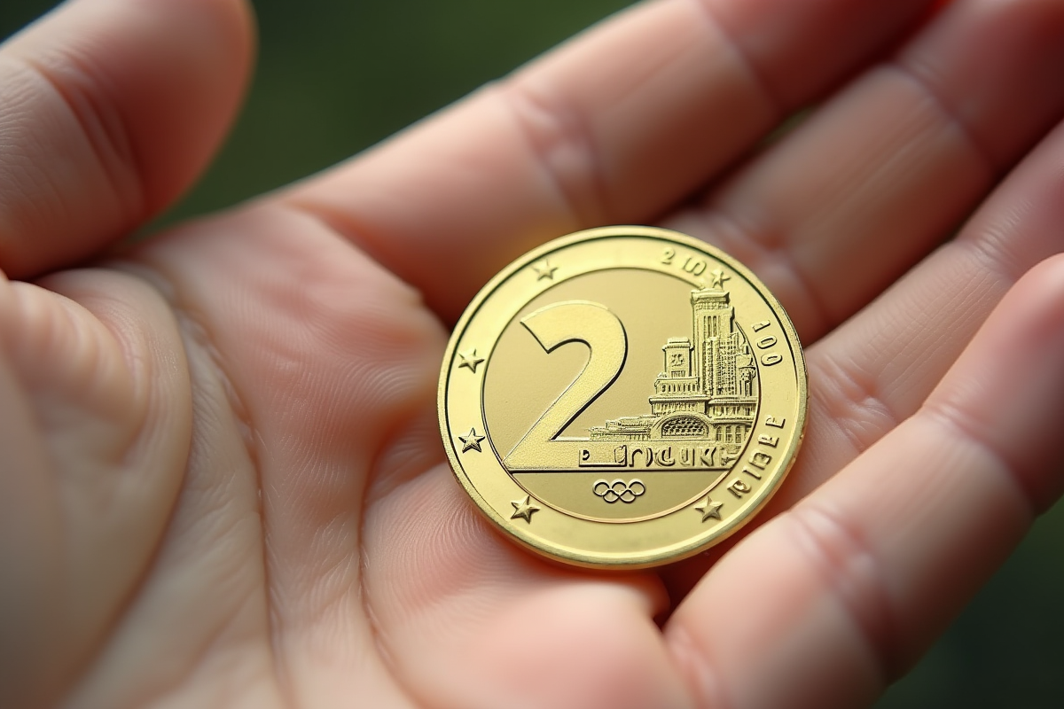 Pièce de 2 euro Paris 2024 sur la main en lumière naturelle