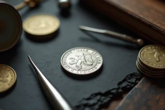 Pièce 50 Francs Hercule 1977 en argent posée sur une table de collectionneur avec loupe et pinces numismatiques