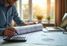 Personne étudiant plans et documents pour la construction
