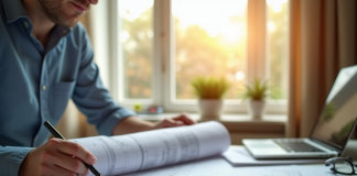 Personne étudiant plans et documents pour la construction