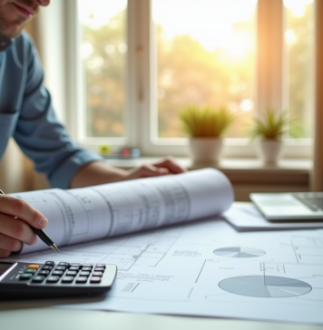 Personne étudiant plans et documents pour la construction