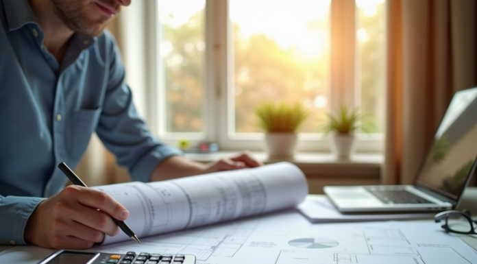 Personne étudiant plans et documents pour la construction