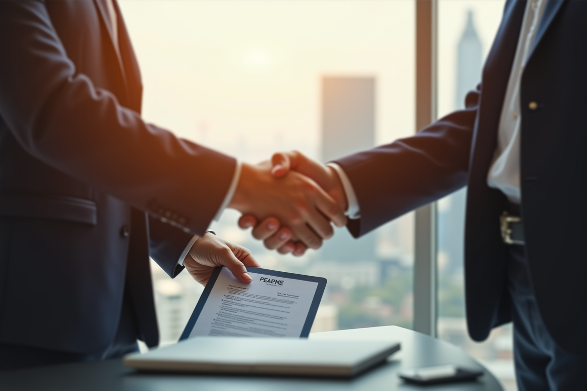 Poignée de mains entre deux entrepreneurs avec documents PEAPME