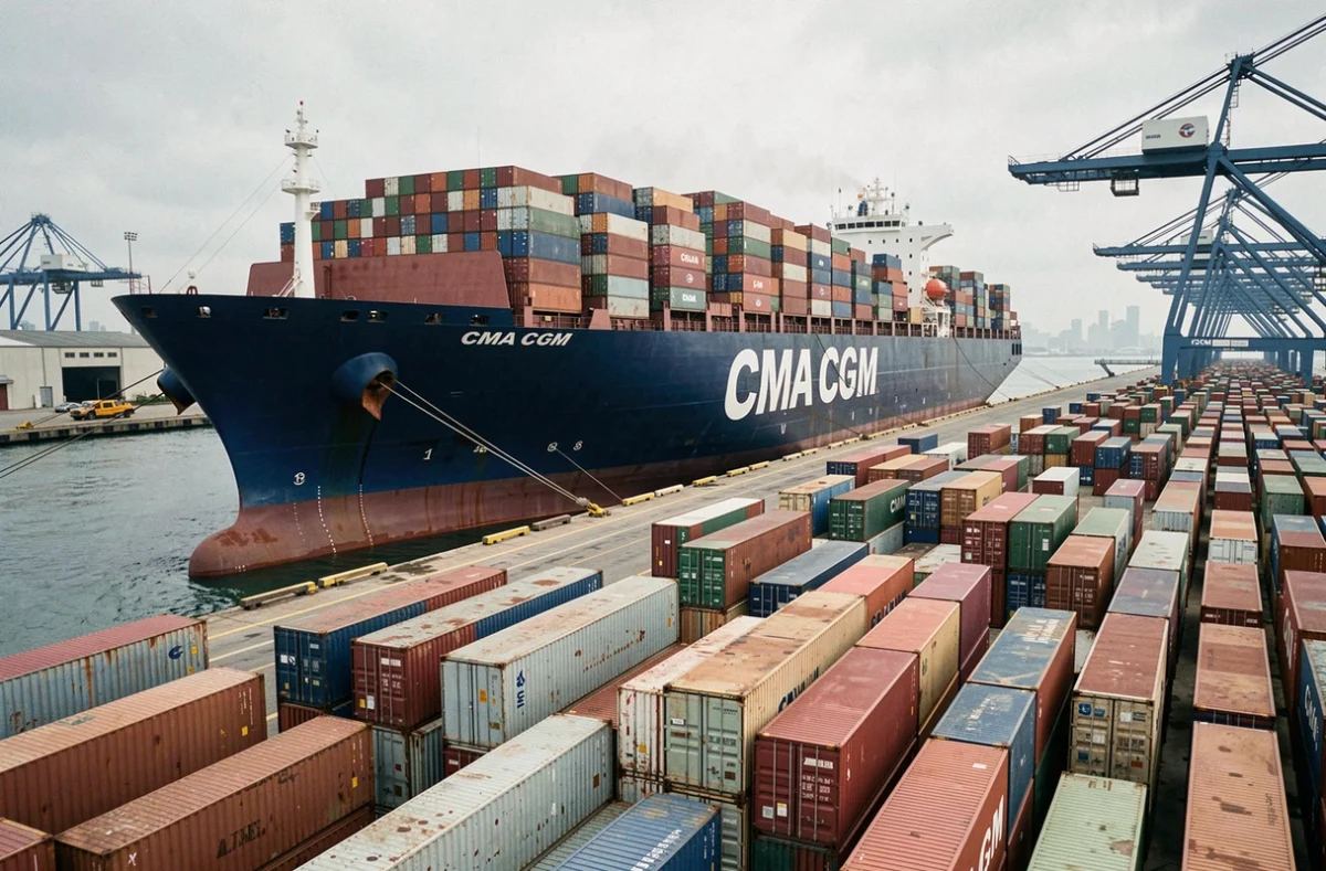Porte-conteneurs CMA CGM amarré dans un terminal portuaire industriel avec des rangées de conteneurs colorés