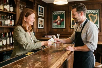 Une femme qui donne des pièces en euros et un billet à un barman dans un pub irlandais traditionnel à Dublin