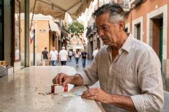 Homme achetant un paquet de cigarettes à un kiosque espagnol avec des pièces et billets en euros, symbolisant la hausse des prix du tabac en Espagne en 2026