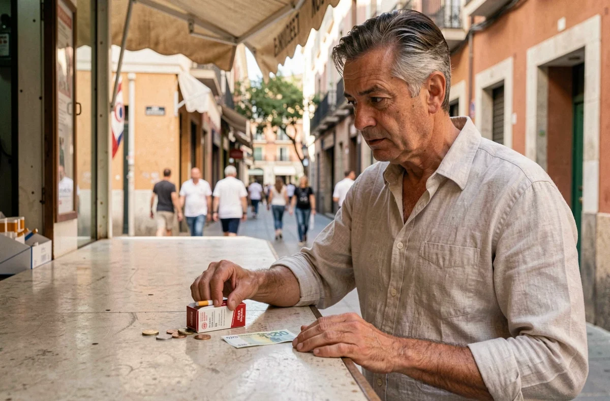 Homme achetant un paquet de cigarettes à un kiosque espagnol avec des pièces et billets en euros, symbolisant la hausse des prix du tabac en Espagne en 2026