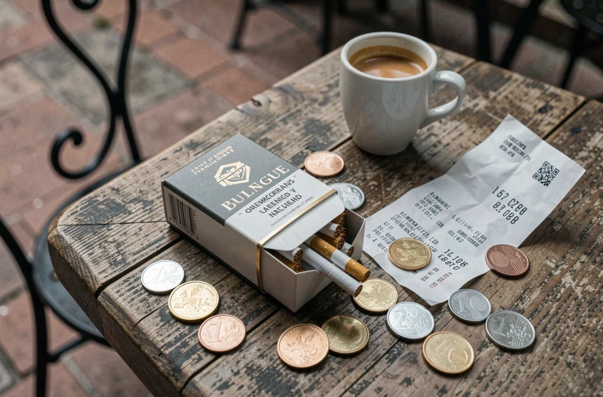 Paquet de cigarettes ouvert posé sur une table de café espagnole entouré de pièces en euros et d'un reçu, illustrant l'augmentation du prix du tabac en Espagne
