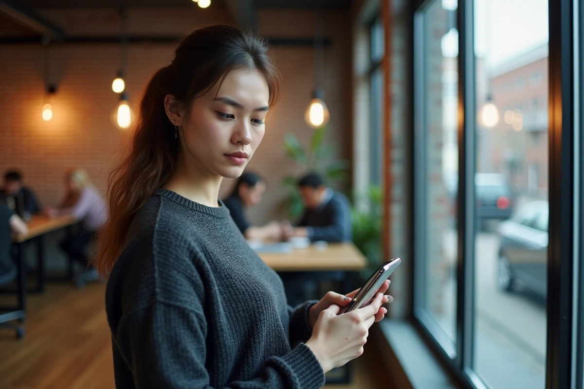 Professionnel consultant un comparatif de salaires sur smartphone dans un espace de coworking, illustration salaire brut net 2480 euros