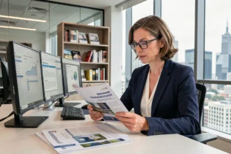 Professionnelle en veille sectorielle consultant des magazines d'assurance et des rapports numériques dans un bureau moderne