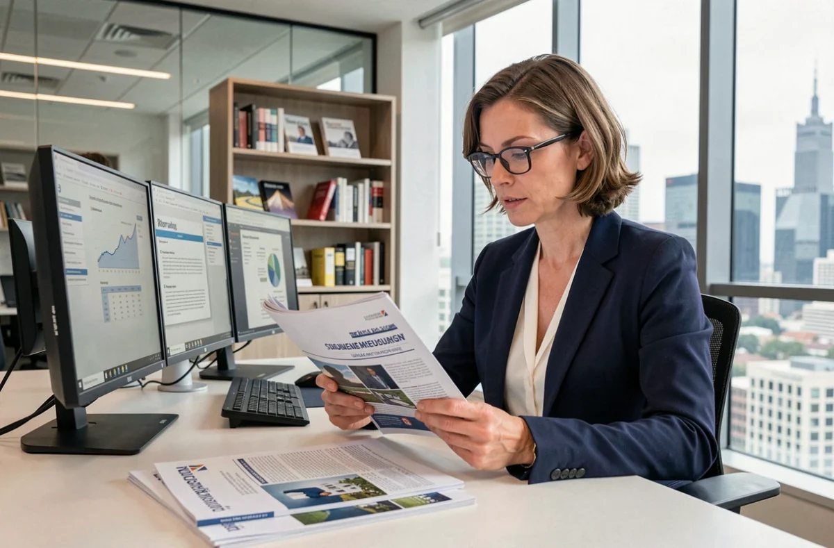 Professionnelle en veille sectorielle consultant des magazines d'assurance et des rapports numériques dans un bureau moderne