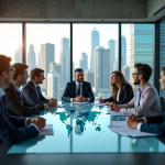 Groupe de professionnels en réunion avec graphiques économiques