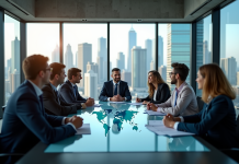 Groupe de professionnels en réunion avec graphiques économiques