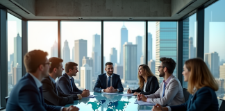 Groupe de professionnels en réunion avec graphiques économiques