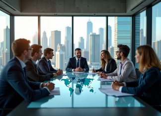 Groupe de professionnels en réunion avec graphiques économiques