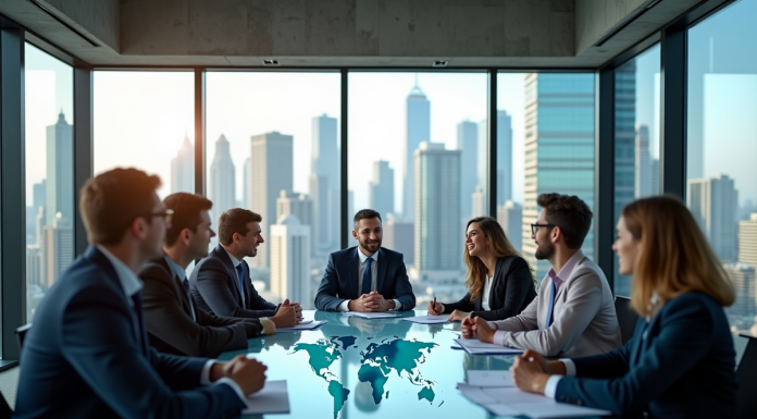 Groupe de professionnels en réunion avec graphiques économiques