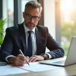 Propriétaire d'entreprise signant un prêt dans un bureau lumineux