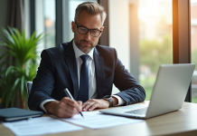 Propriétaire d'entreprise signant un prêt dans un bureau lumineux