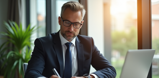Propriétaire d'entreprise signant un prêt dans un bureau lumineux