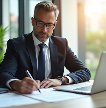 Propriétaire d'entreprise signant un prêt dans un bureau lumineux