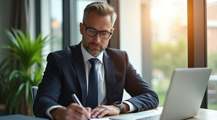 Propriétaire d'entreprise signant un prêt dans un bureau lumineux