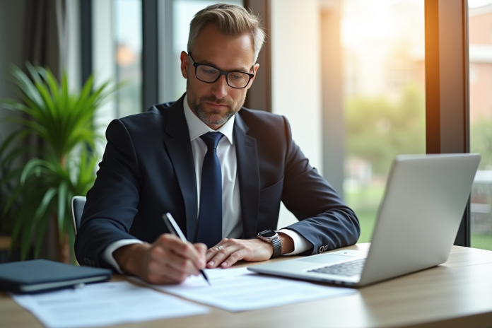 proprietaire-entreprise-signature-pret Propriétaire d'entreprise signant un prêt dans un bureau lumineux