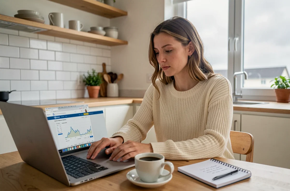 Femme comparant des offres d'assurance en ligne sur un site courtier depuis son domicile dans le Nord