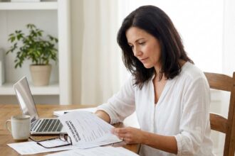 Femme consultant un document de remboursement de mutuelle pour ses lunettes à son bureau à domicile