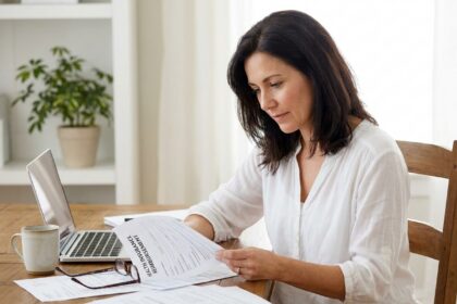 Femme consultant un document de remboursement de mutuelle pour ses lunettes à son bureau à domicile